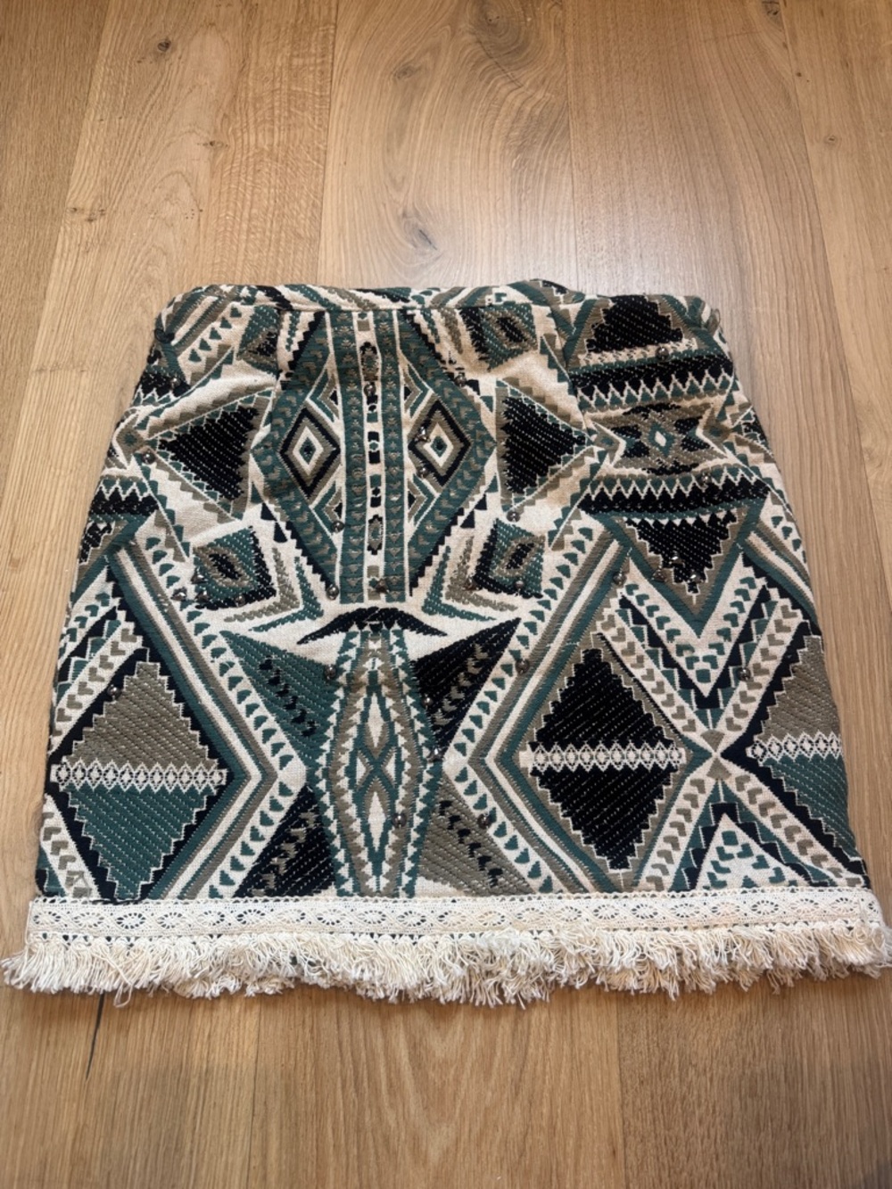 Atmosphere Teal, Cream & Black Geometric Fringe Mini Skirt